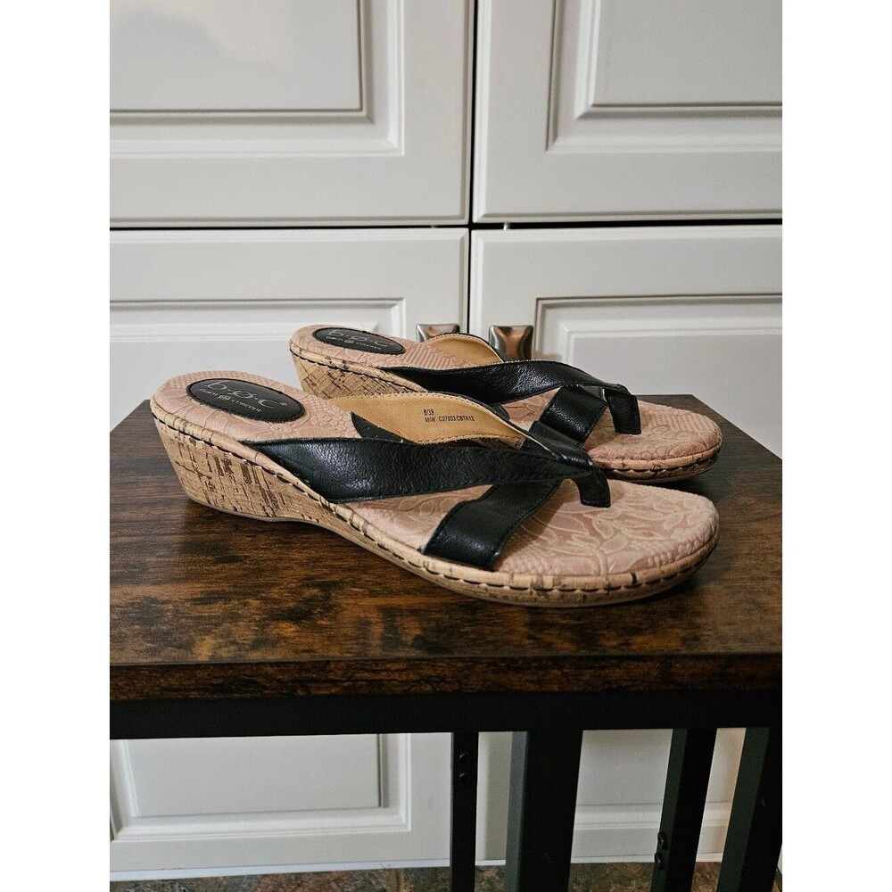 boc Black Leather Strappy Cork Low Wedge Thong Comfort Sandal Boho Coastal Beach